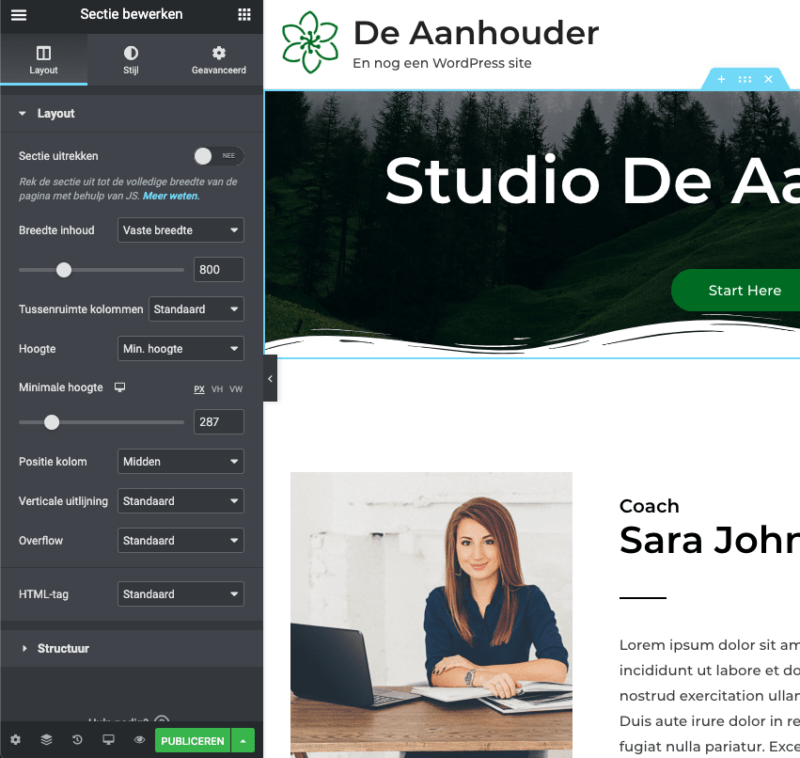 Lay-out homepage verstellen