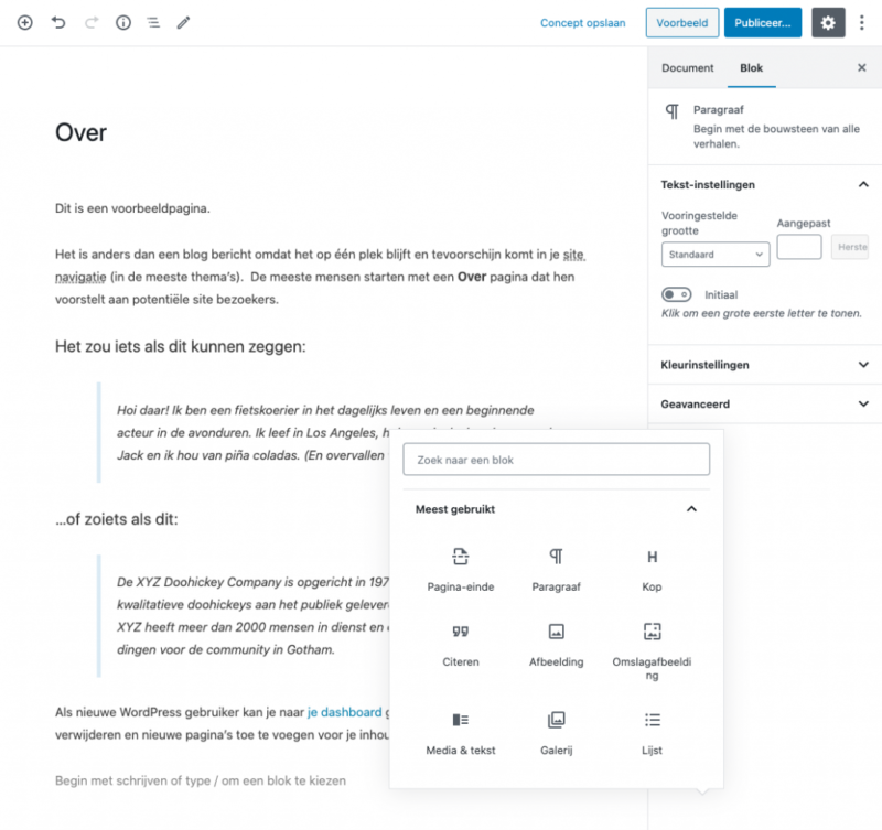 Screenshot van WordPress bewerker